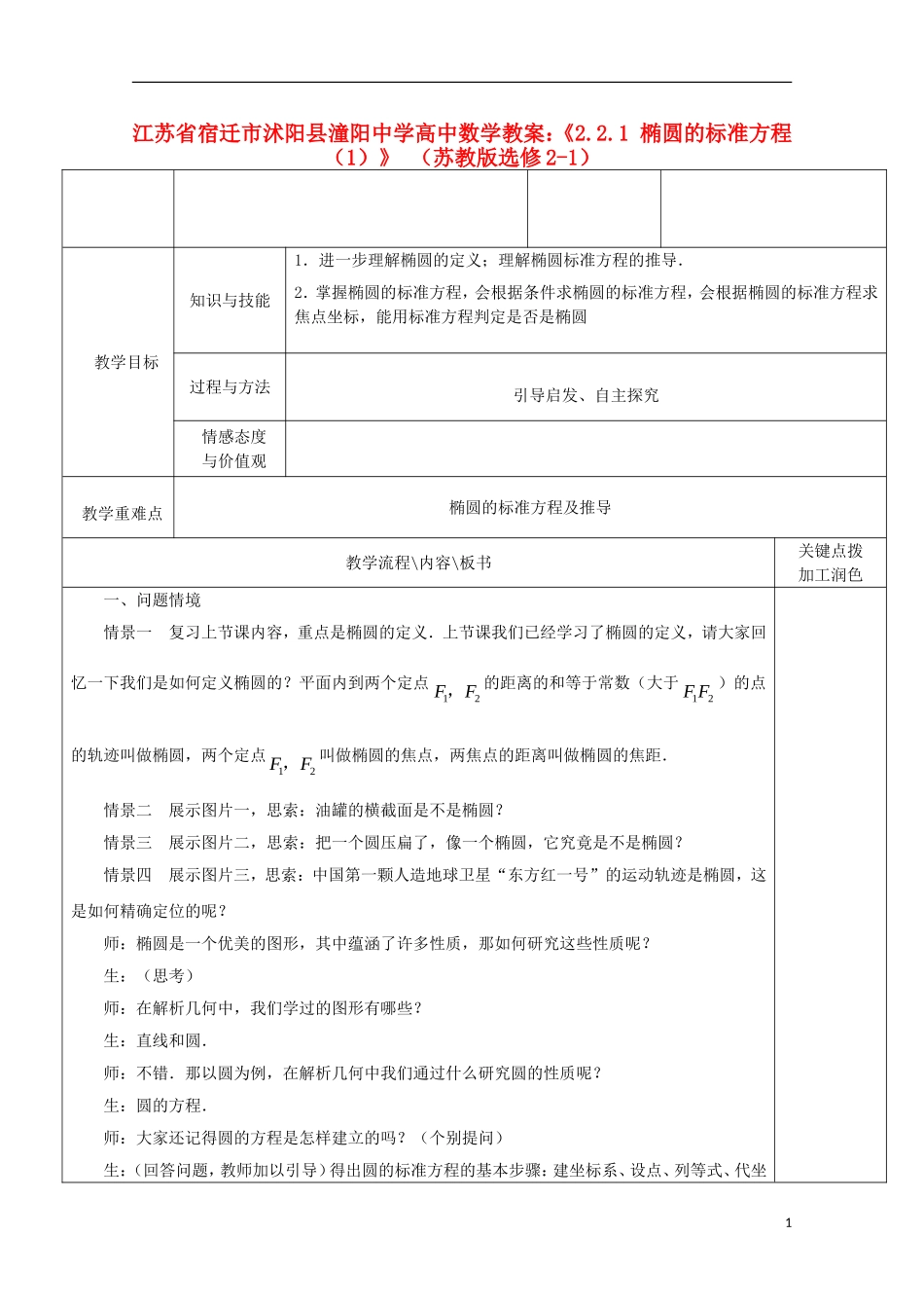 江苏省宿迁市沭阳县潼阳中学高中数学《2.2.1椭圆的标准方程（1）》教案 苏教版选修2-1_第1页