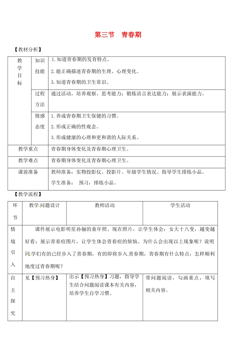 2014七年级生物下册 第三节 青春期教案 新人教版_第1页