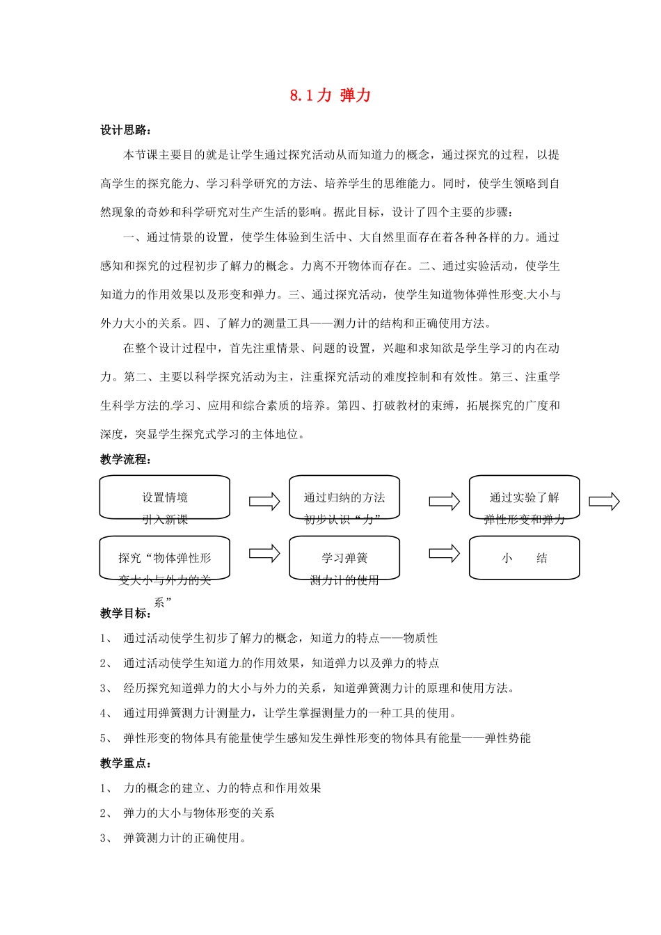 2014年春八年级物理下册 8.1 力 弹力教案一 苏科版_第1页