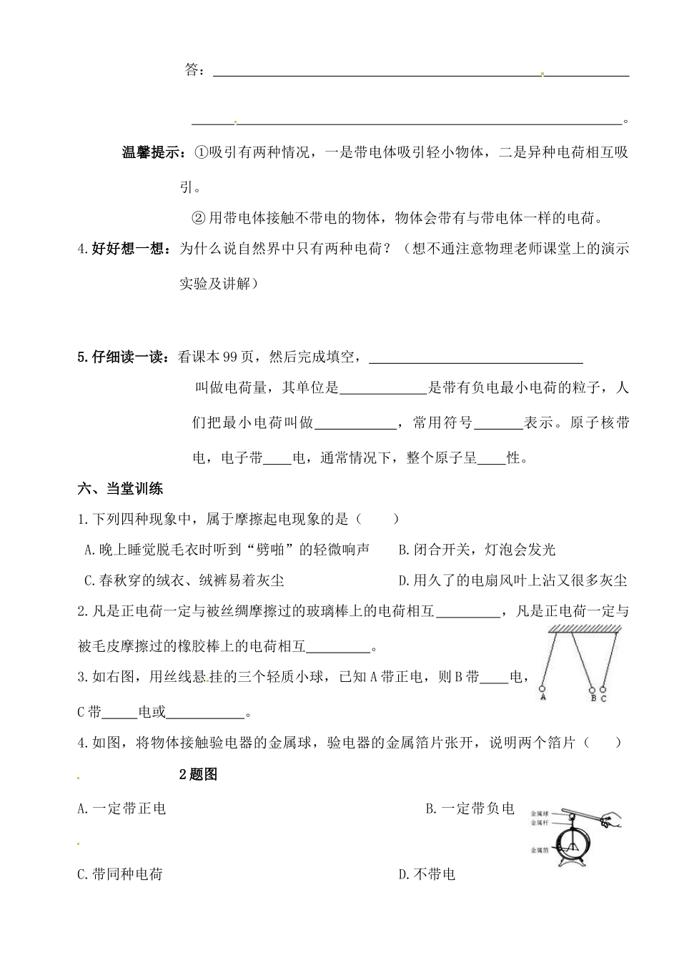 黑龙江省甘南县第六中学八年级物理《电荷》学案（无答案）_第2页