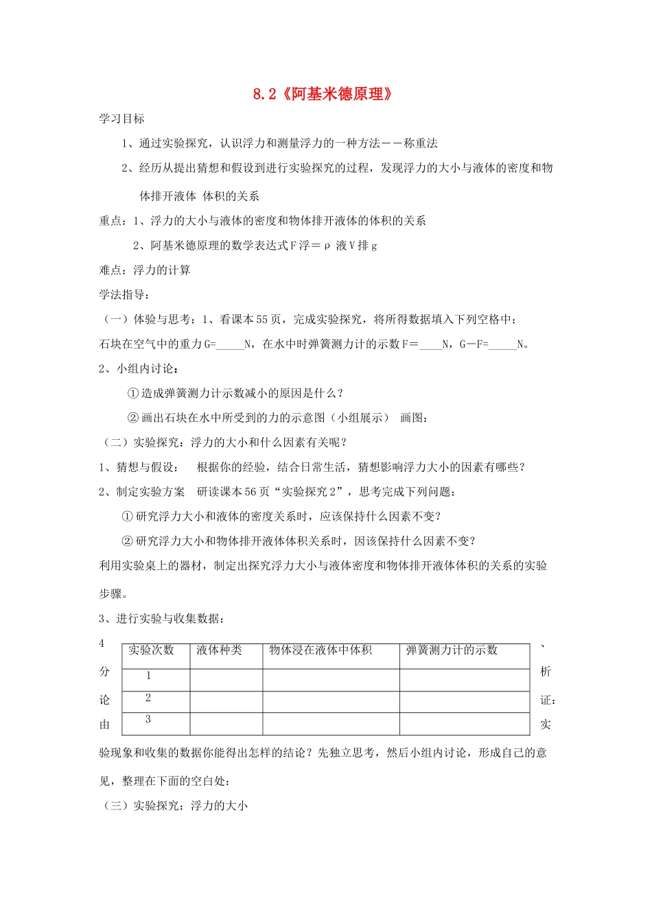 春八年级物理下册 8.2《阿基米德原理》学案1（无答案） 鲁教版五四制-鲁教版五四制初中八年级下册物理学案_第1页