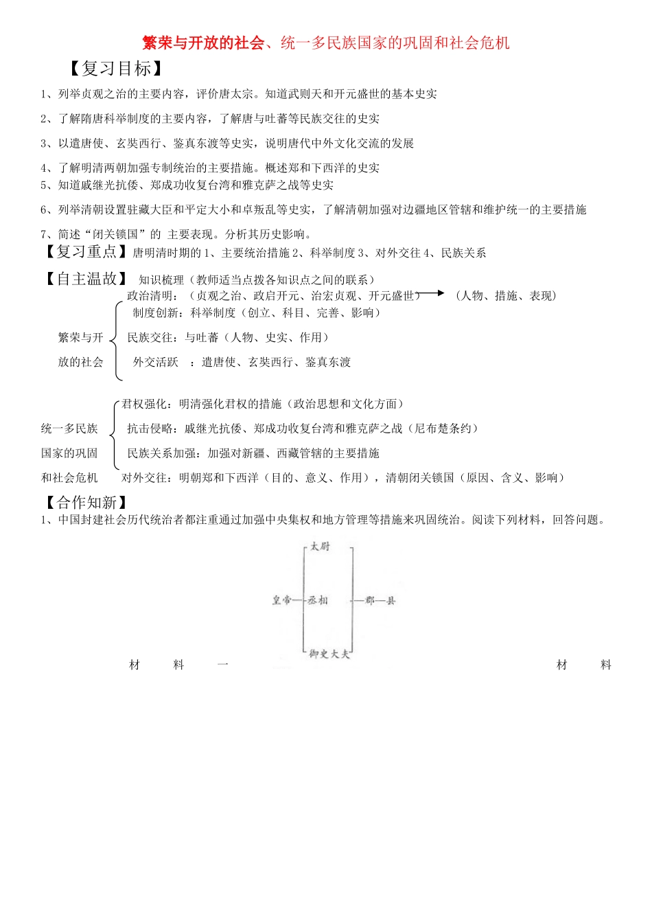七年级历史下册 繁荣与开放 统一多民族复习学案 人教新课标版_第1页
