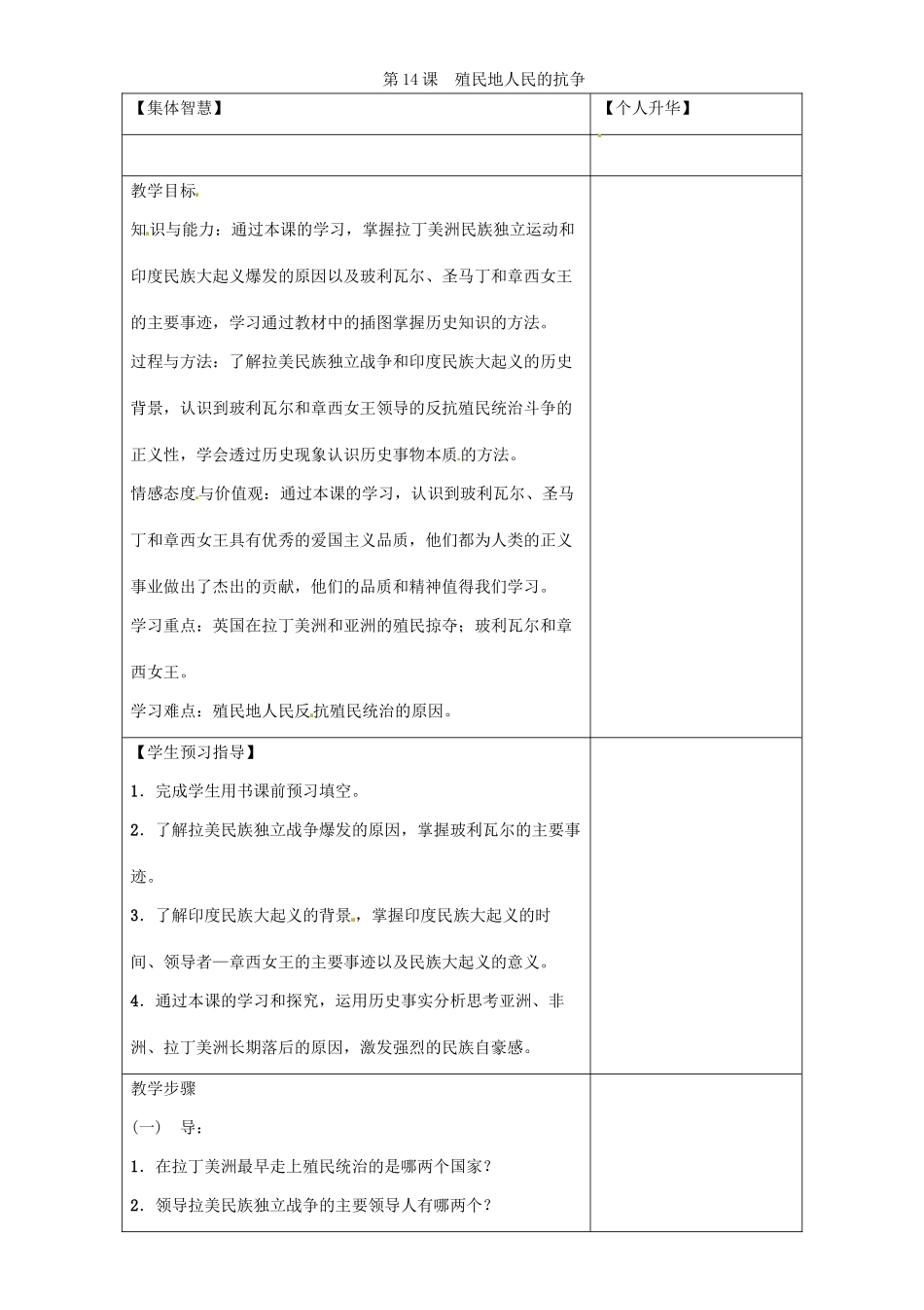 秋九年级历史上册 第三单元 殖民扩张与殖民地人民的战争 第14课 殖民地人民的抗争导学案 岳麓版-岳麓版初中九年级上册历史学案_第1页