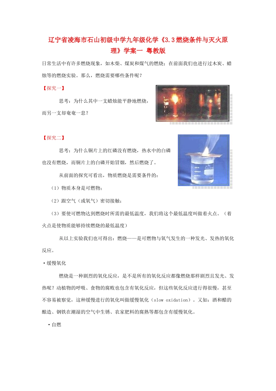 辽宁省凌海市石山初级中学九年级化学《3.3燃烧条件与灭火原理》学案一 粤教版_第1页