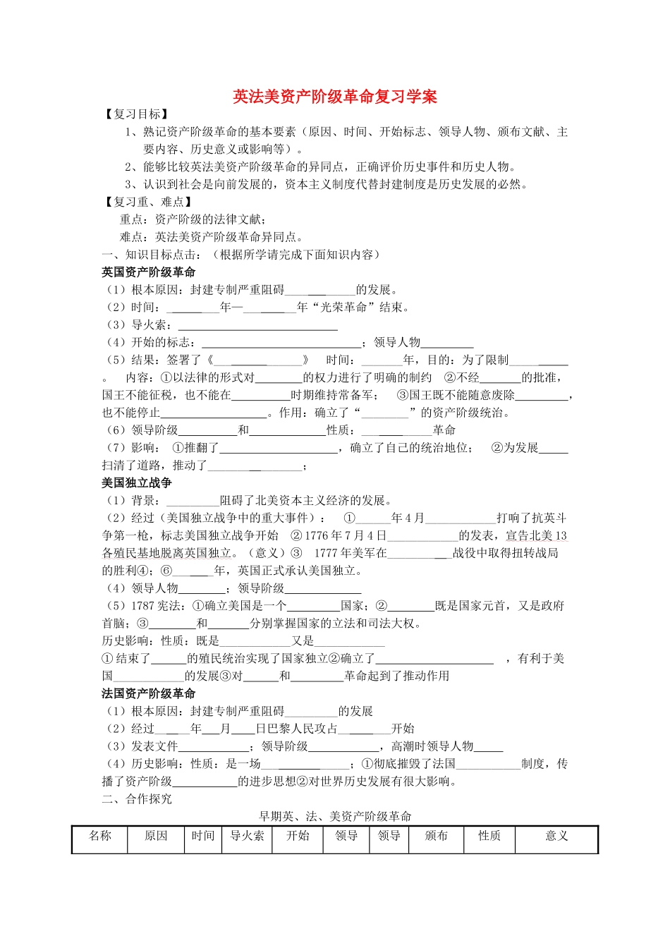 中考历史 英法美资产阶级革命复习学案（无答案）_第1页