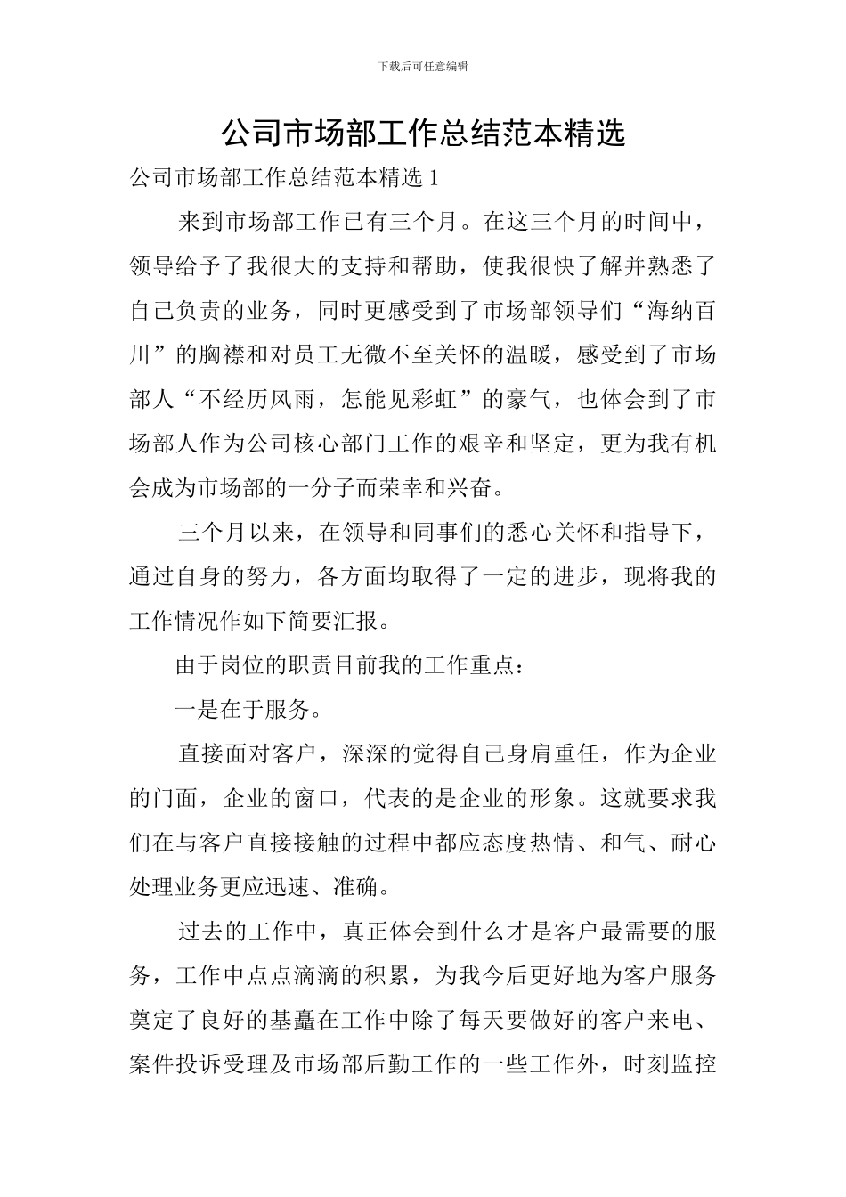 公司市场部工作总结范本精选_第1页