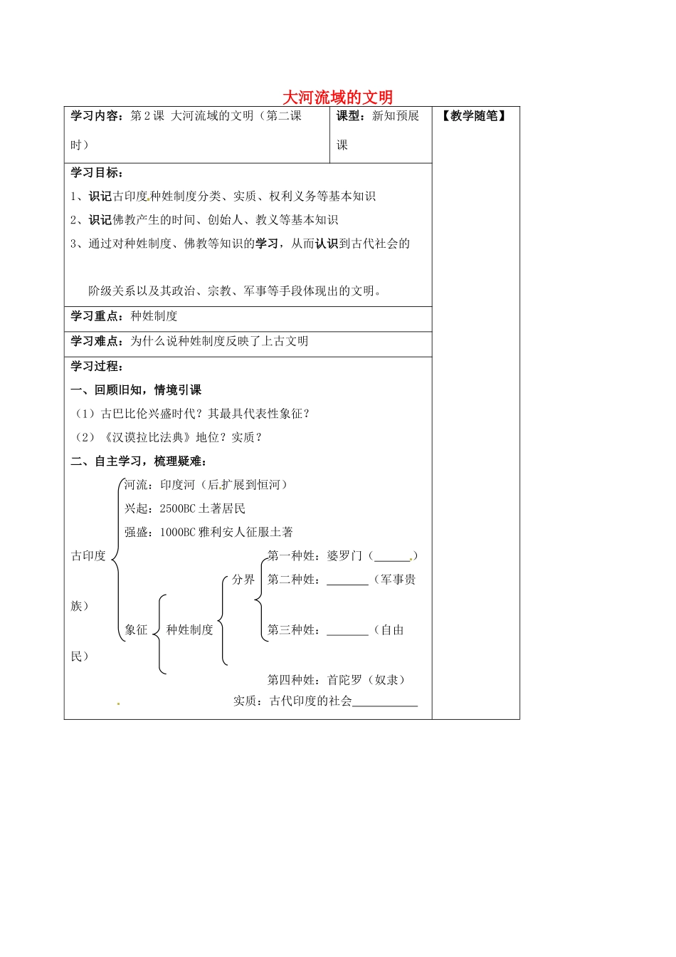 山西省阳泉市九年级历史上册 第2课 大河流域的文明（第2课时）导学案 华东师大版-华东师大版初中九年级上册历史学案_第1页