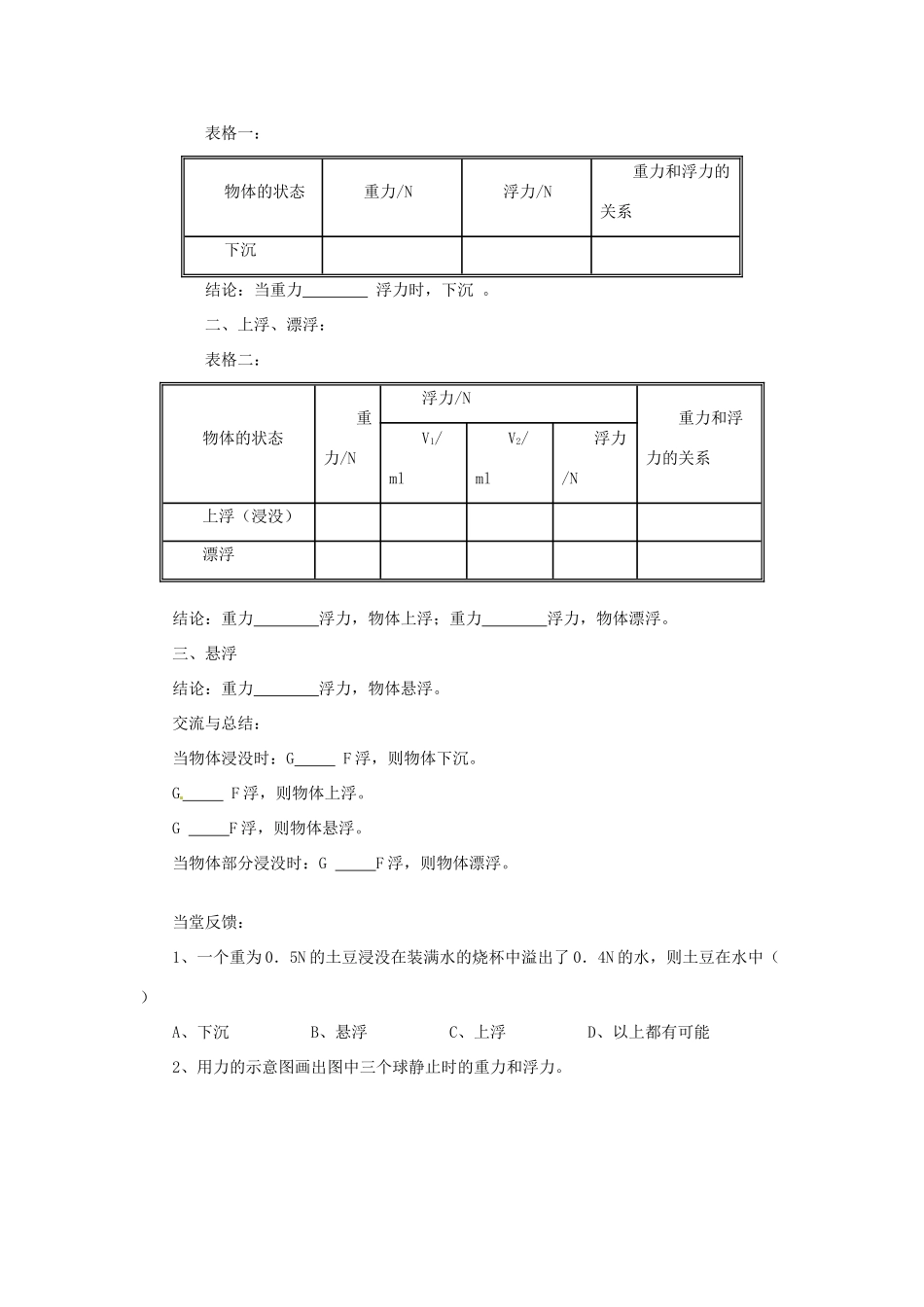 2014年春八年级物理下册 10.5 物体的浮与沉学案一（无答案） 苏科版_第2页