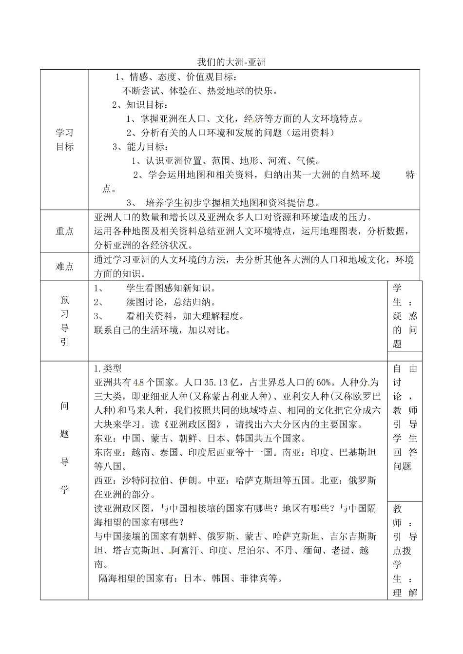 黑龙江省五常市第三中学七年级地理下册 第6章 我们的大洲-亚洲学案 新人教版_第1页