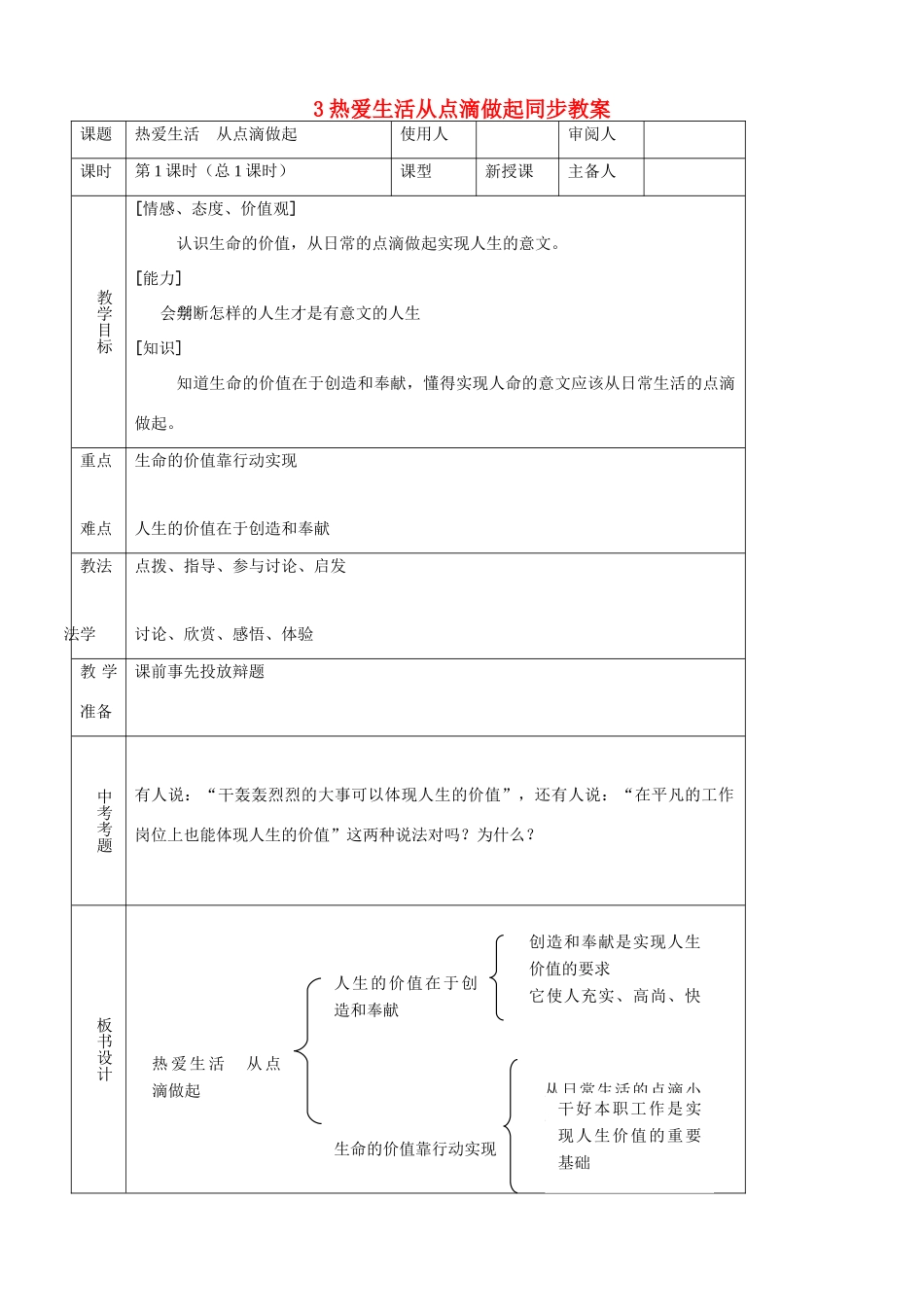 七年级思品上册 3热爱生活从点滴做起同步教学设计 鲁教版教材_第1页