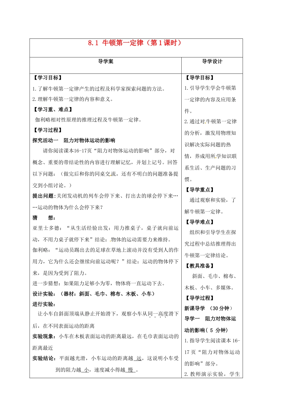 湖北省天门市八年级物理下册 8.1 牛顿第一定律（第1课时）导学案 （新版）新人教版-（新版）新人教版初中八年级下册物理学案_第1页