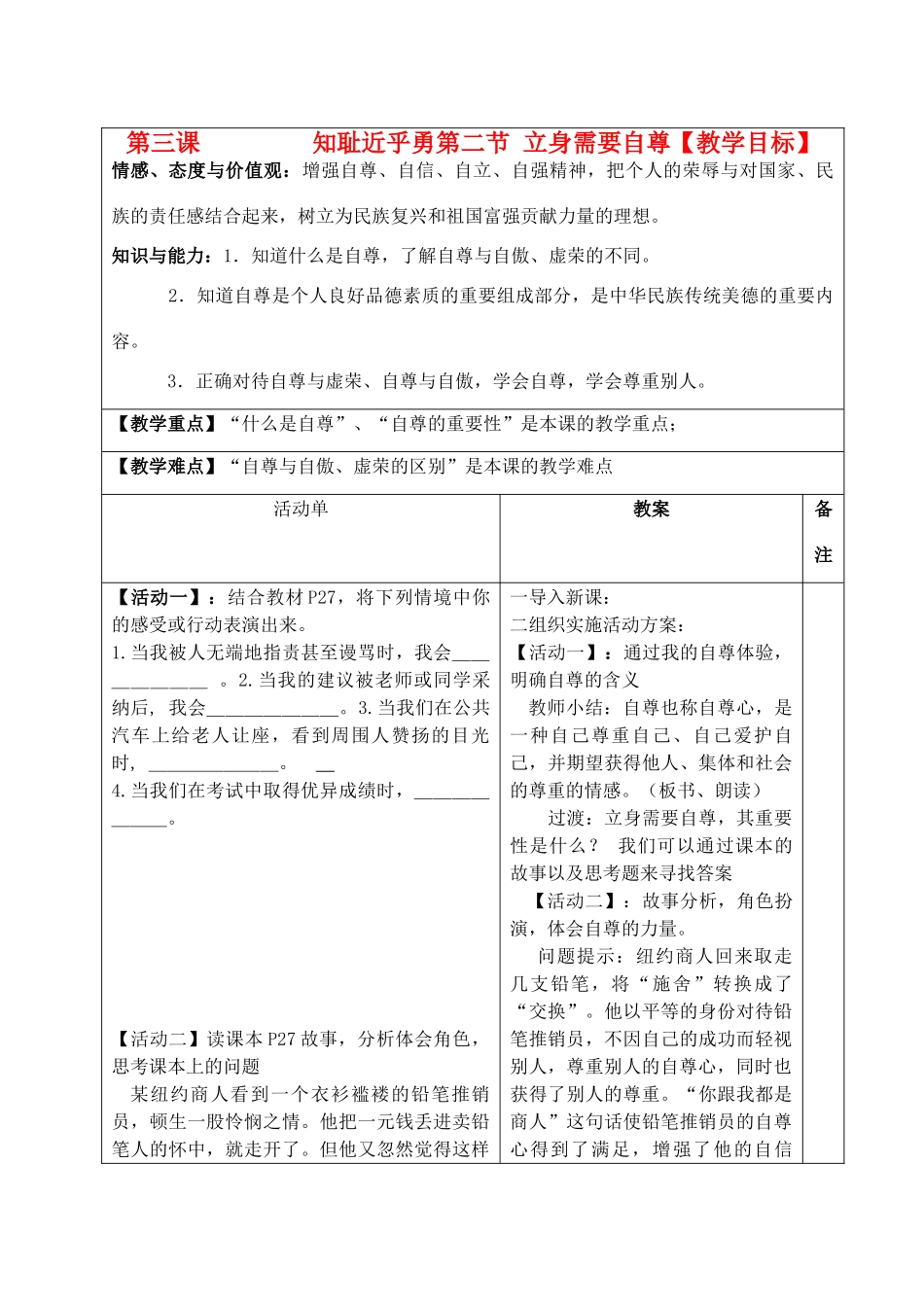 七年级政治上册 第二课第二节 立身需要自尊教学设计 苏教版教材_第1页