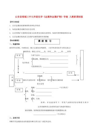 山东省郯城三中九年级化学《金属和金属矿物》学案 人教新课标版