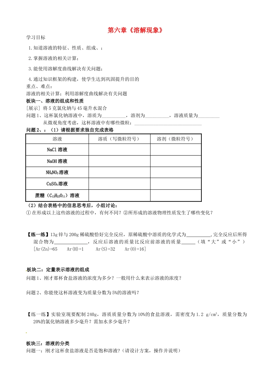 江苏省常州市西夏墅中学九年级化学下册 第六章《溶解现象》复习学案 （新版）沪教版_第1页