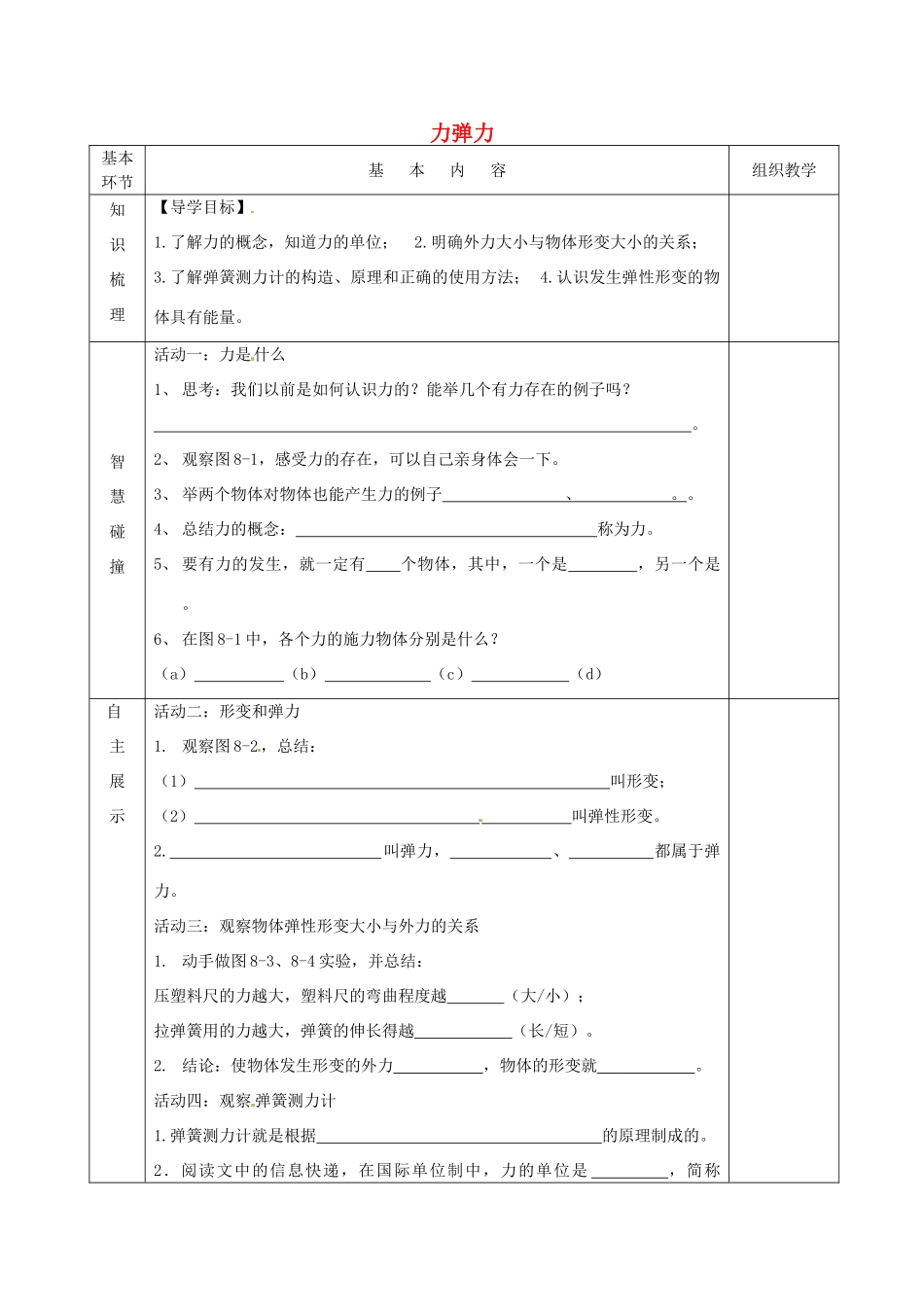 江苏省宿迁市沭阳县官墩初级中学八年级物理下册 8.1 力弹力导学案（无答案） 苏科版_第1页