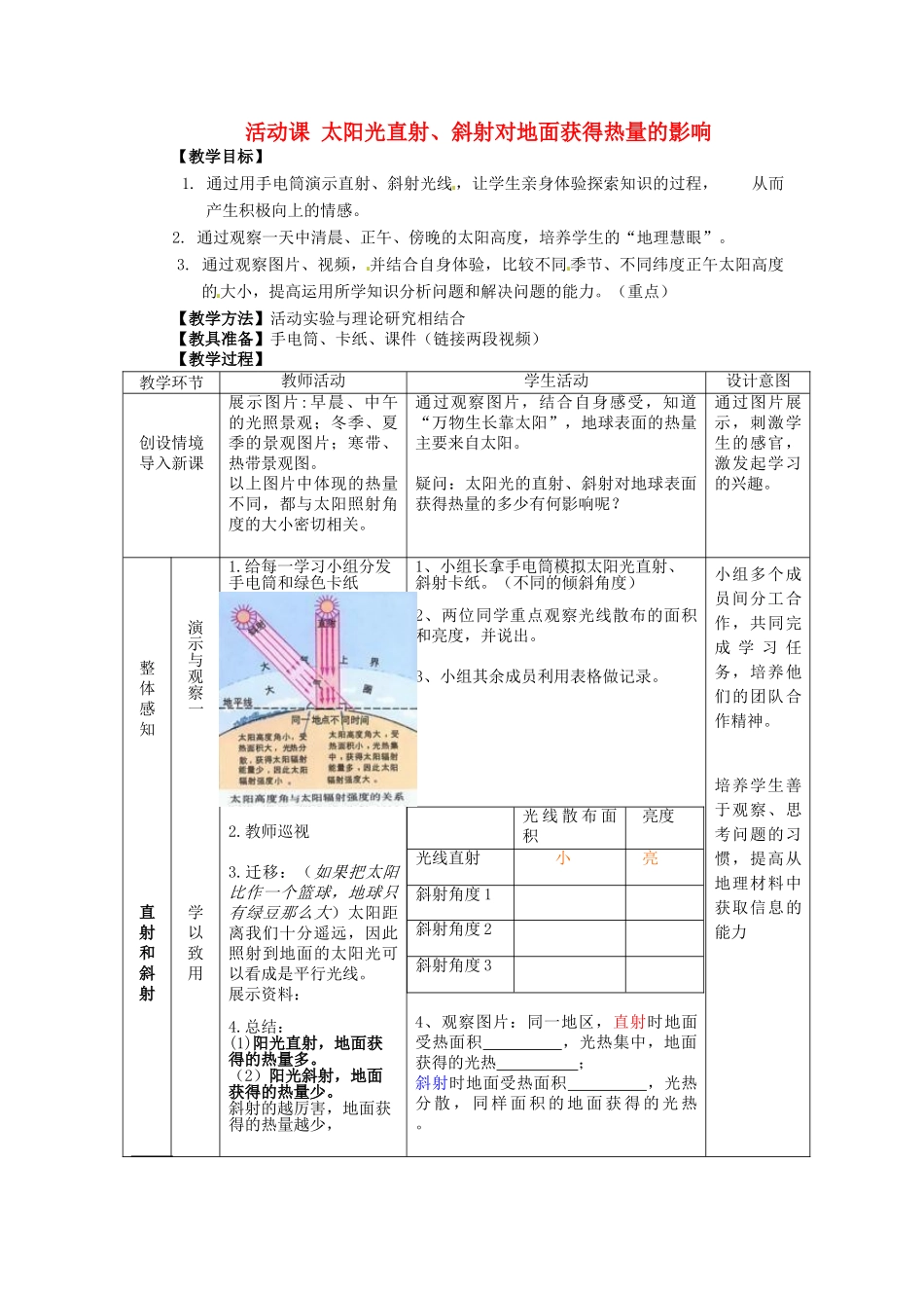2014年秋七年级地理上册 第1章 活动课 太阳光直射、斜射对地面获得热量的影响教案 （新版）商务星球版_第1页