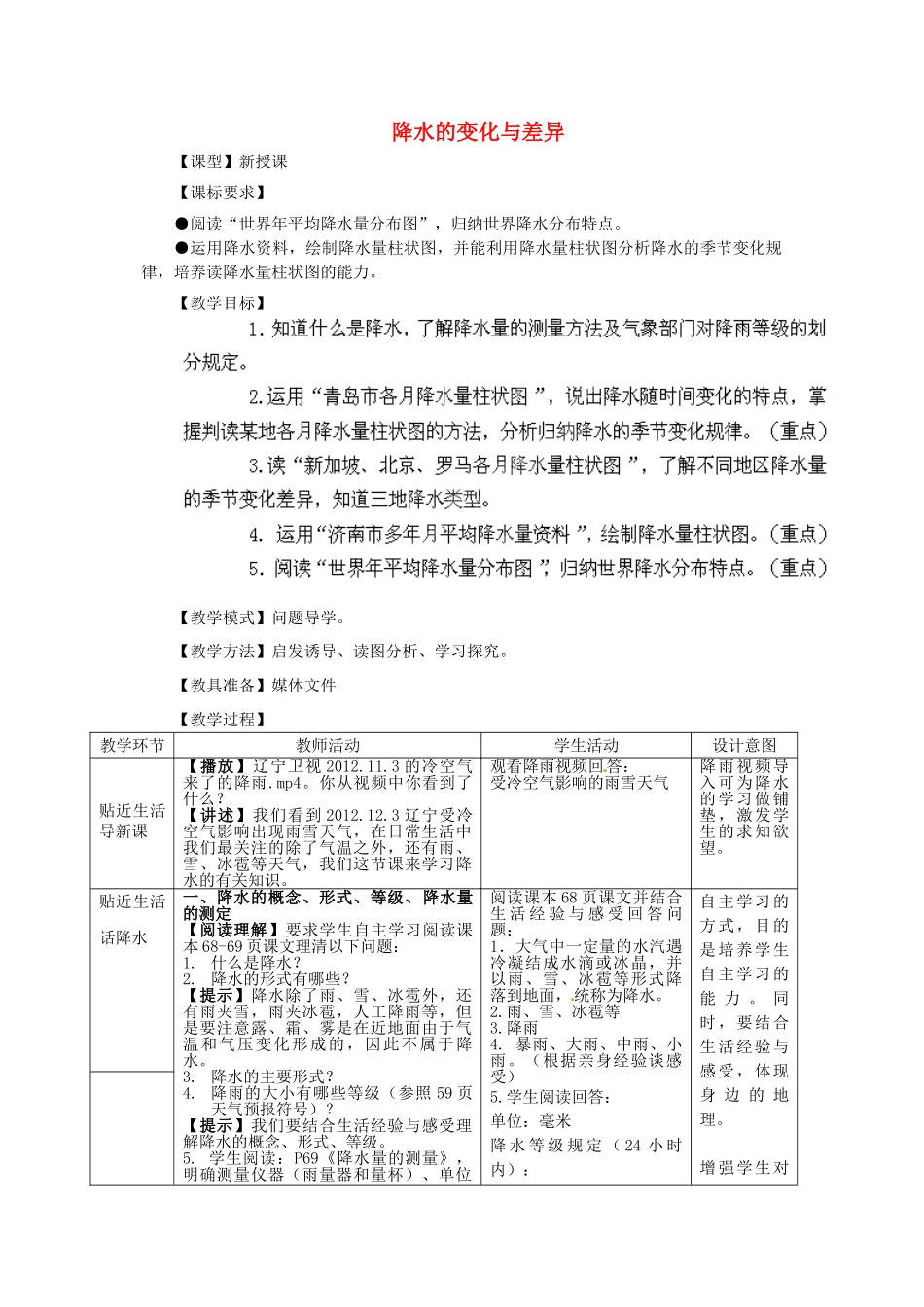 2014年秋七年级地理上册 第4章 第3节 降水的变化与差异教案（无答案）（新版）商务星球版_第1页