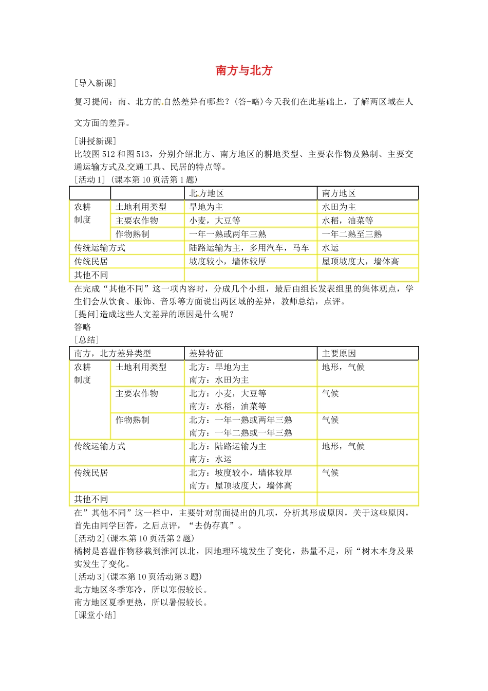 江苏省丹阳市里庄初级中学八年级地理下册 南方与北方（第二课时）导学案 新人教版_第1页