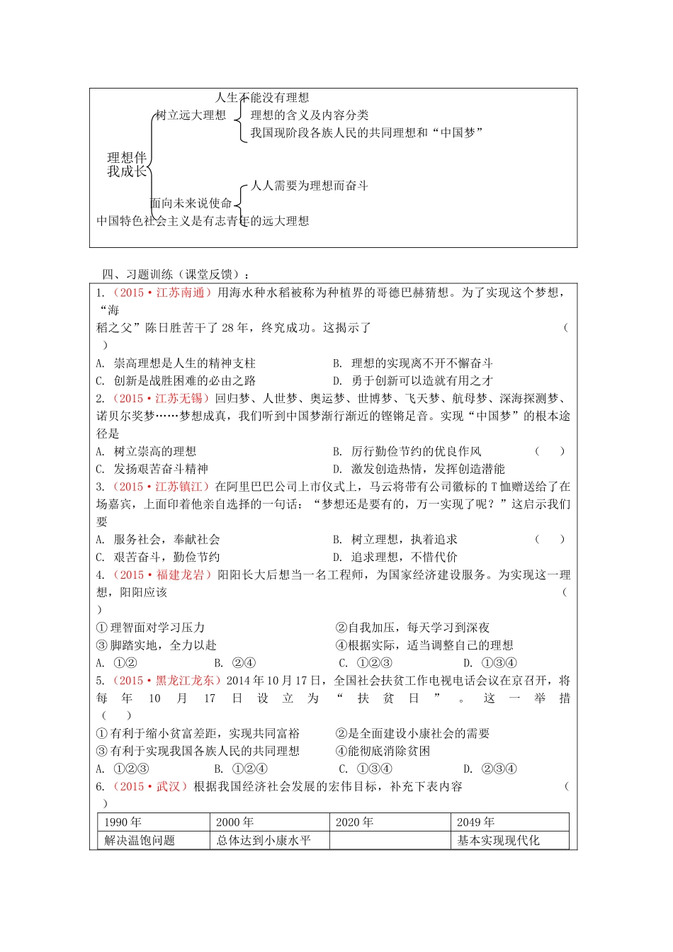 九年级政治全册 12.1 理想伴我成长导学案 苏教版-苏教版初中九年级全册政治学案_第3页