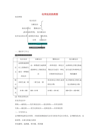 九年级化学中考复习学案 物质的化学变化：化学反应的类型全国通用
