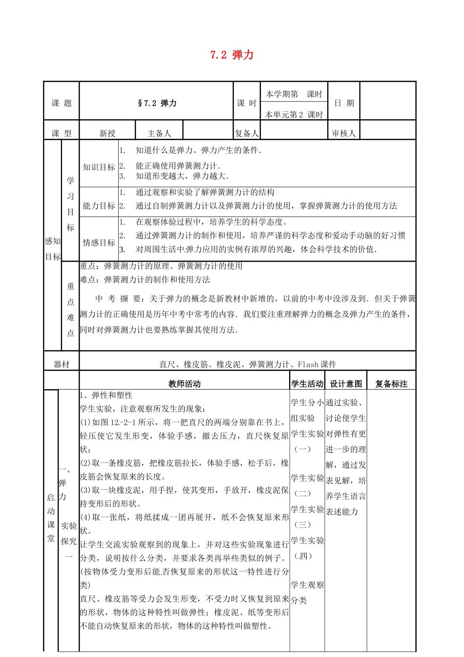 2015年春八年级物理下册 7.2《弹力》教案 （新版）新人教版_第1页