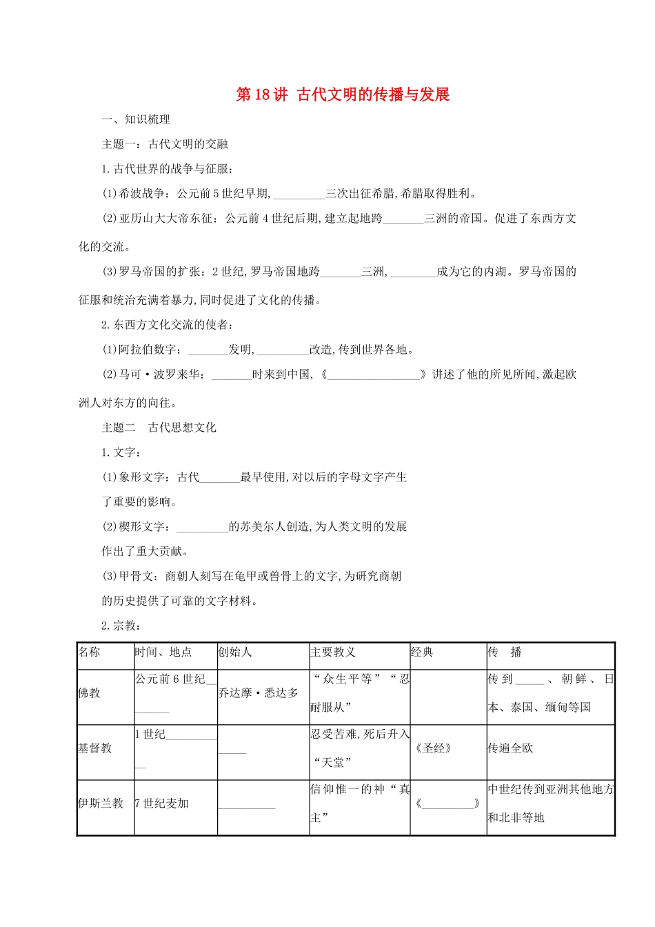 中考历史一轮专题复习 古代文明的传播与发展导学案-人教版初中九年级全册历史学案_第1页