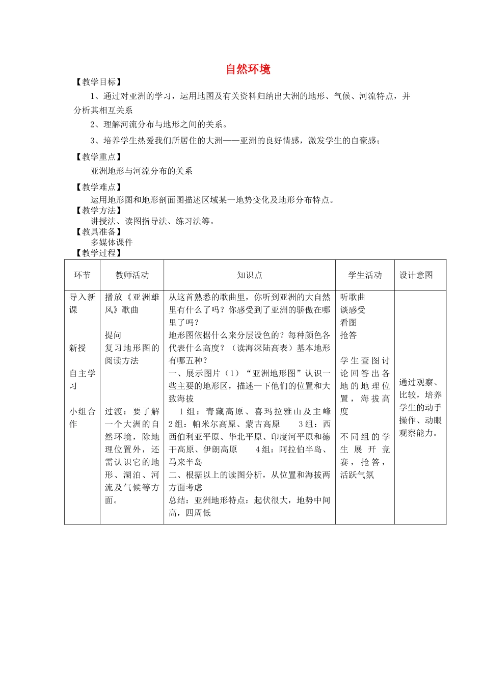 2015年春七年级地理下册 第八章 认识亚洲 第二节 自然环境教案 晋教版_第1页