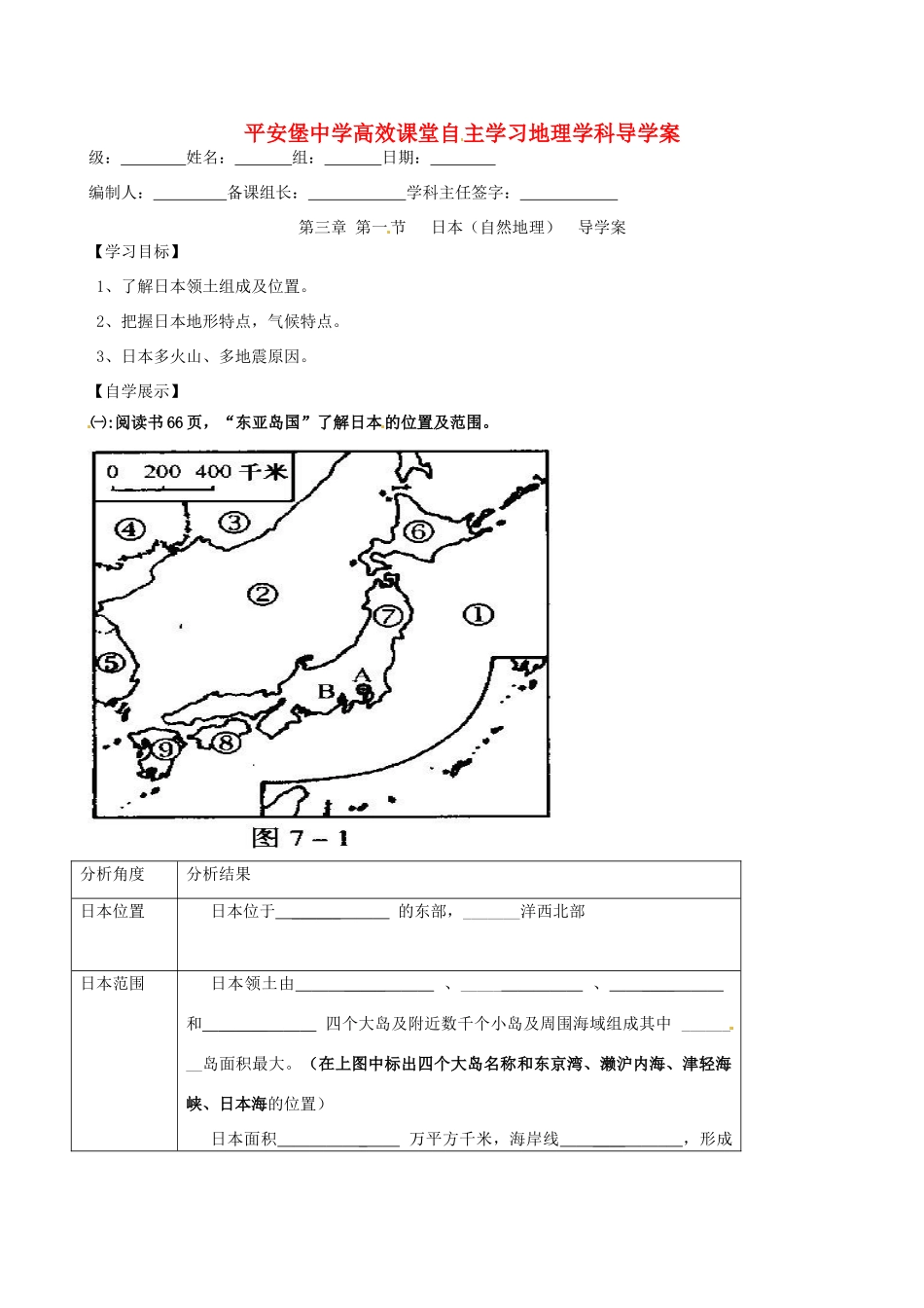 河北省承德市平安堡中学七年级地理《31日本》学案（1） _第1页