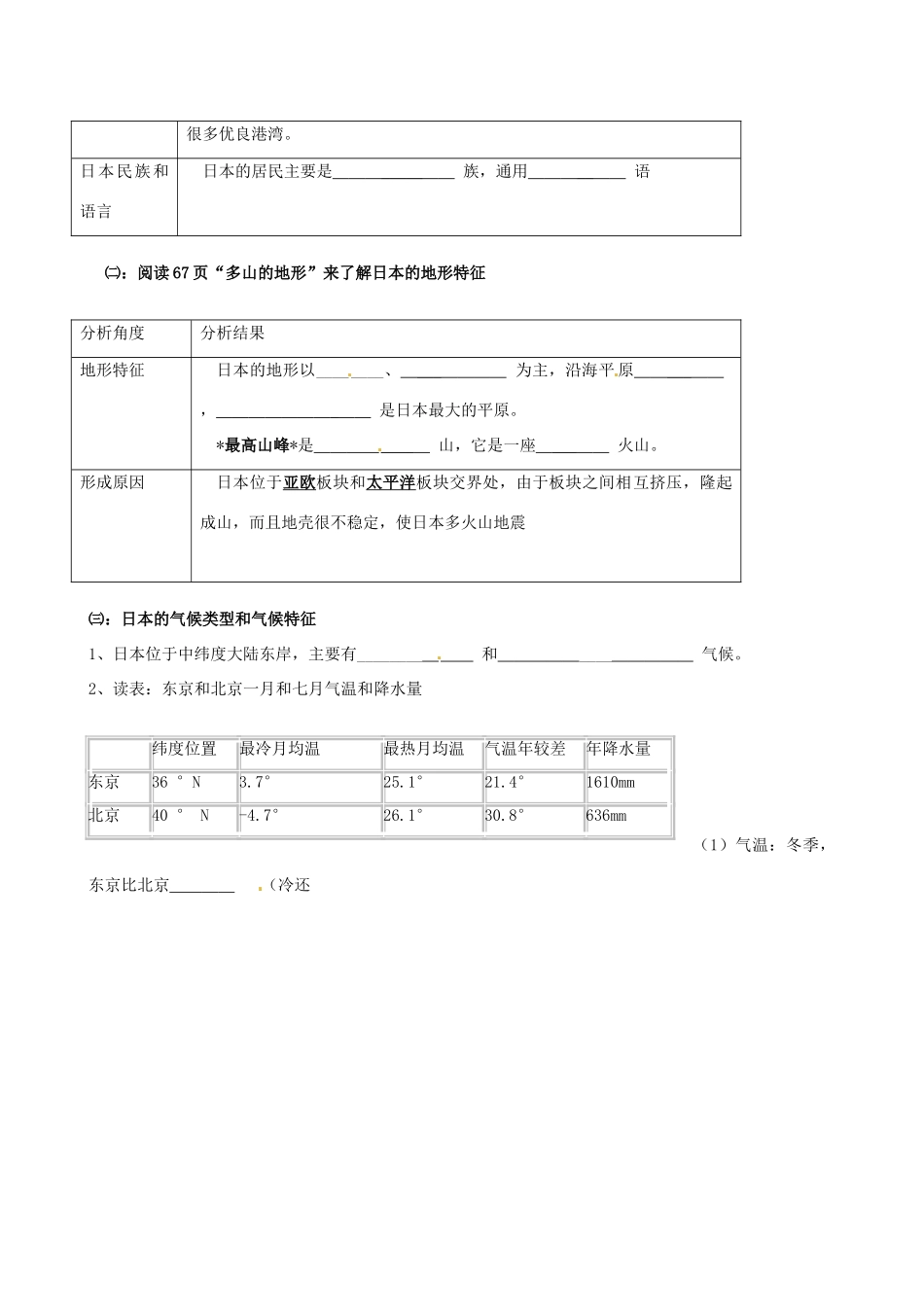 河北省承德市平安堡中学七年级地理《31日本》学案（1） _第2页