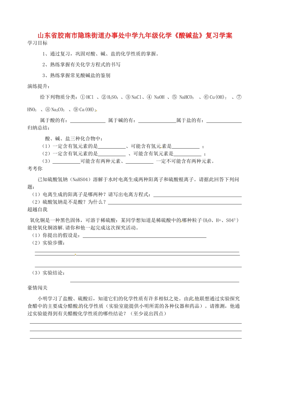 山东省胶南市隐珠街道办事处中学九年级化学《酸碱盐》复习学案_第1页