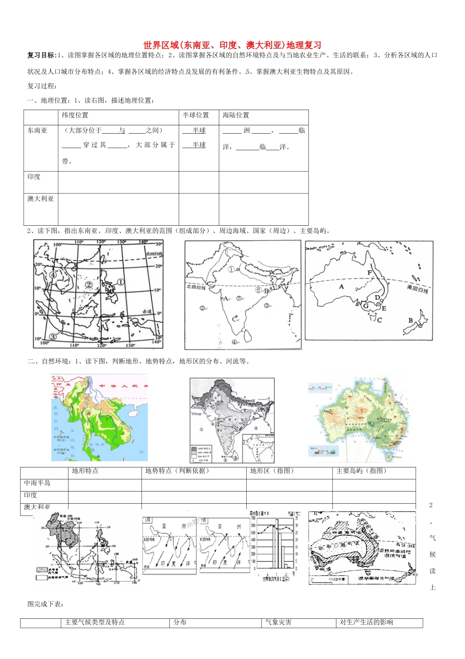 九年级地理下册 世界区域（东南亚、印度、澳大利亚）复习导学案 五四制-人教版初中九年级下册地理学案_第1页