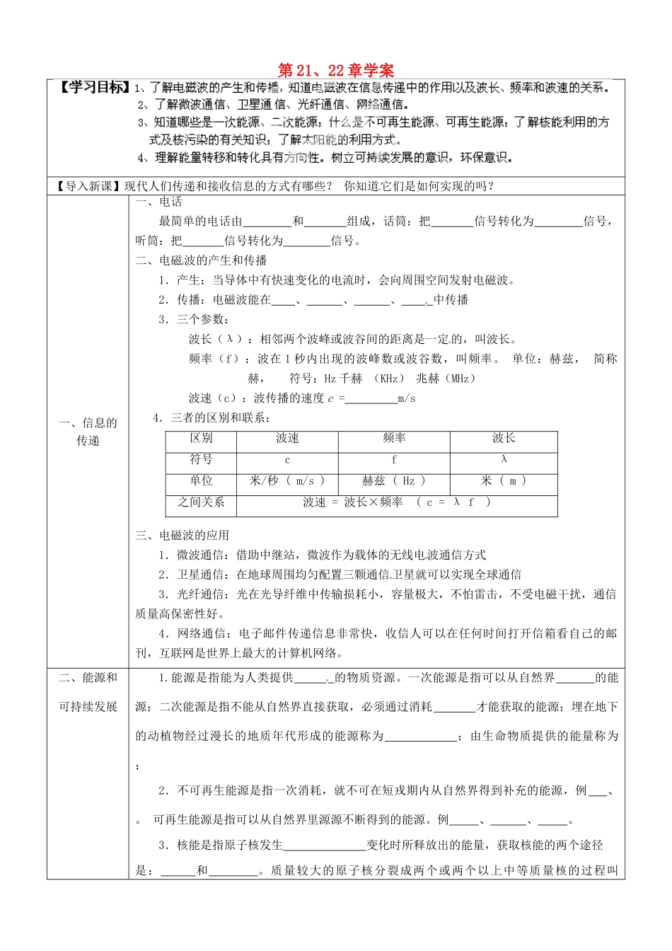 湖南省浏阳市大瑶镇大瑶初级中学九年级物理全册 第21、22章学案（无答案） （新版）新人教版_第1页