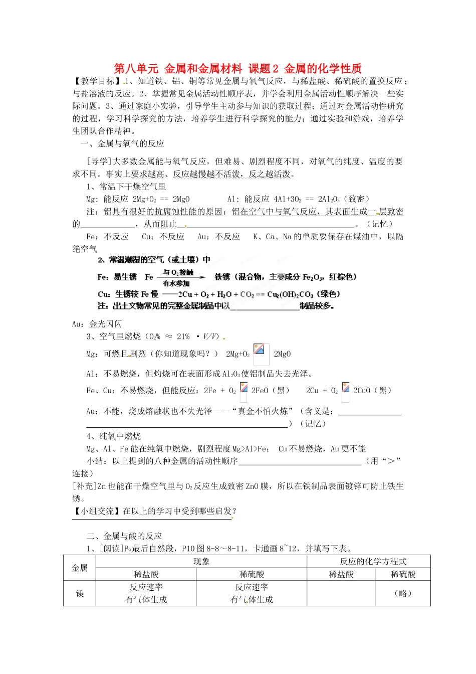江苏省大丰市刘庄第二初级中学九年级化学下册 第八单元 金属和金属材料 课题2 金属的化学性质（第1课时）学案（无答案） 新人教版_第1页