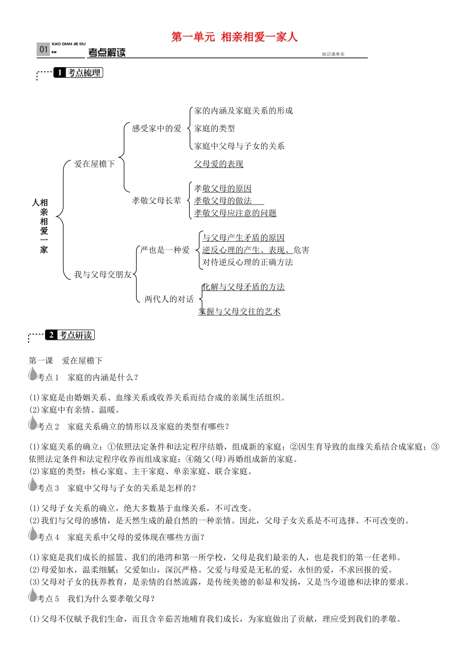 春中考政治 考点梳理复习 八上 第一单元 相亲相爱一家人学案 新人教版-新人教版初中九年级全册政治学案_第1页