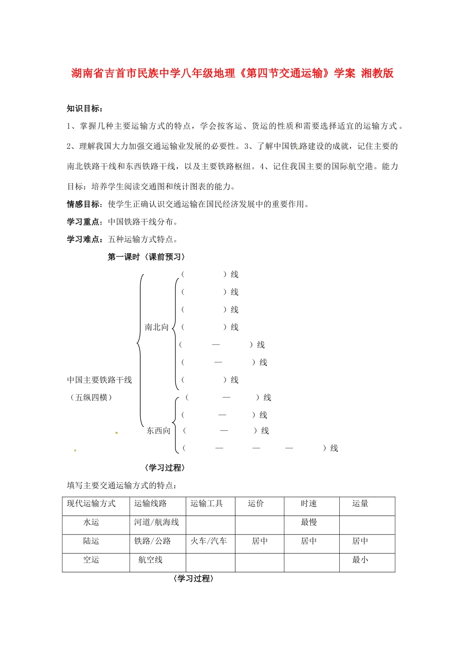 湖南省吉首市民族中学八年级地理《第四节交通运输》学案 湘教版_第1页