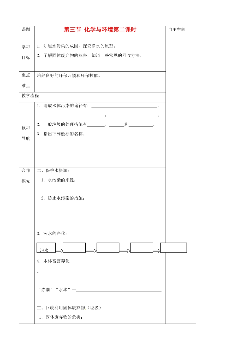 江苏省仪征市第三中学九年级化学《93 化学与环境（第二课时）》导学案 苏科版_第1页
