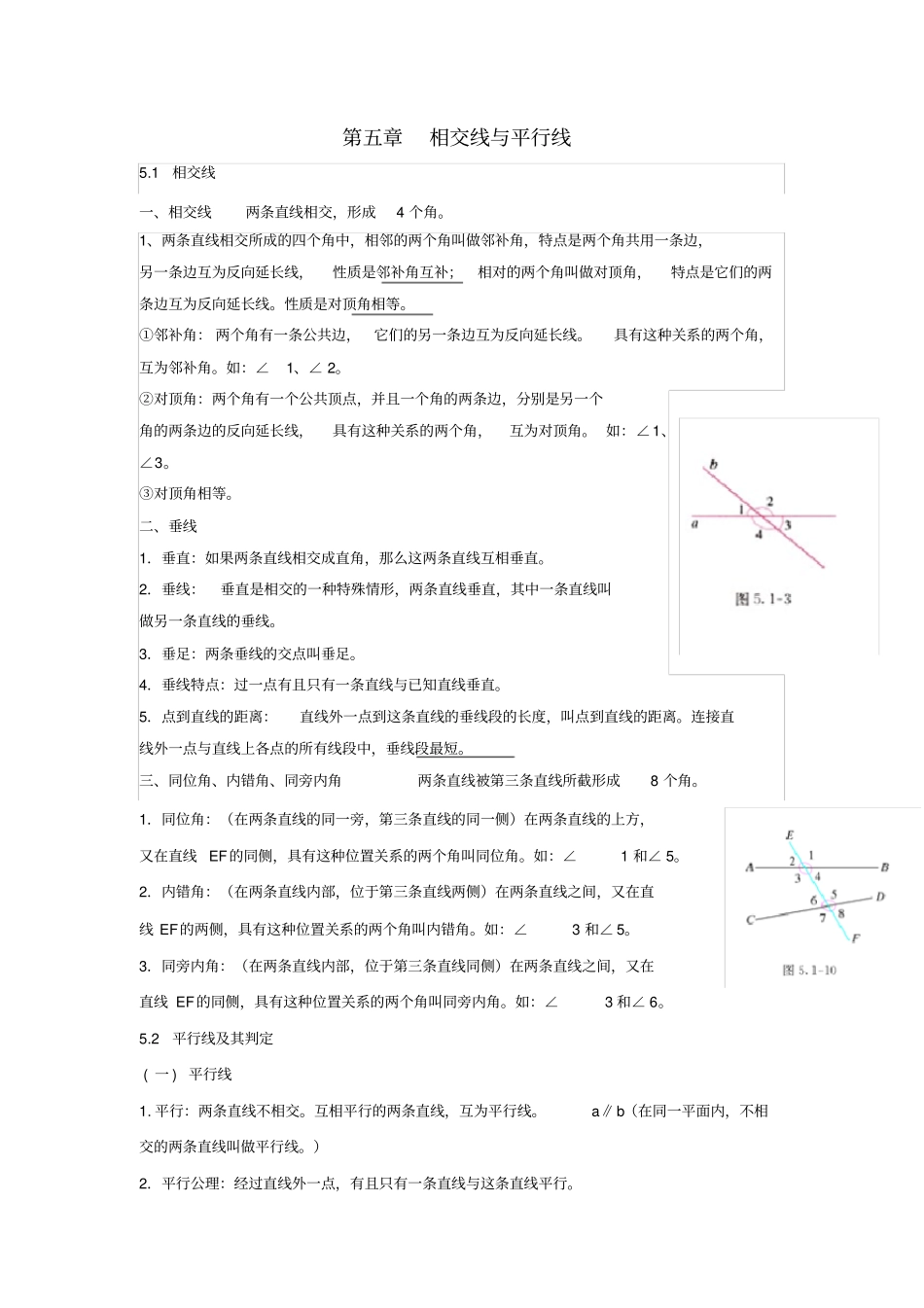 七年级数学下册相交线与平行线知识点归纳新版新人教版_第1页
