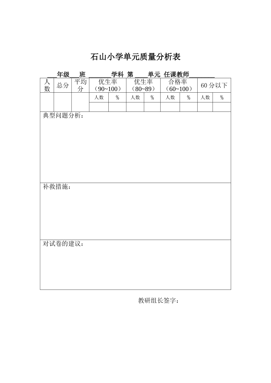 石山小学单元质量分析表_第1页
