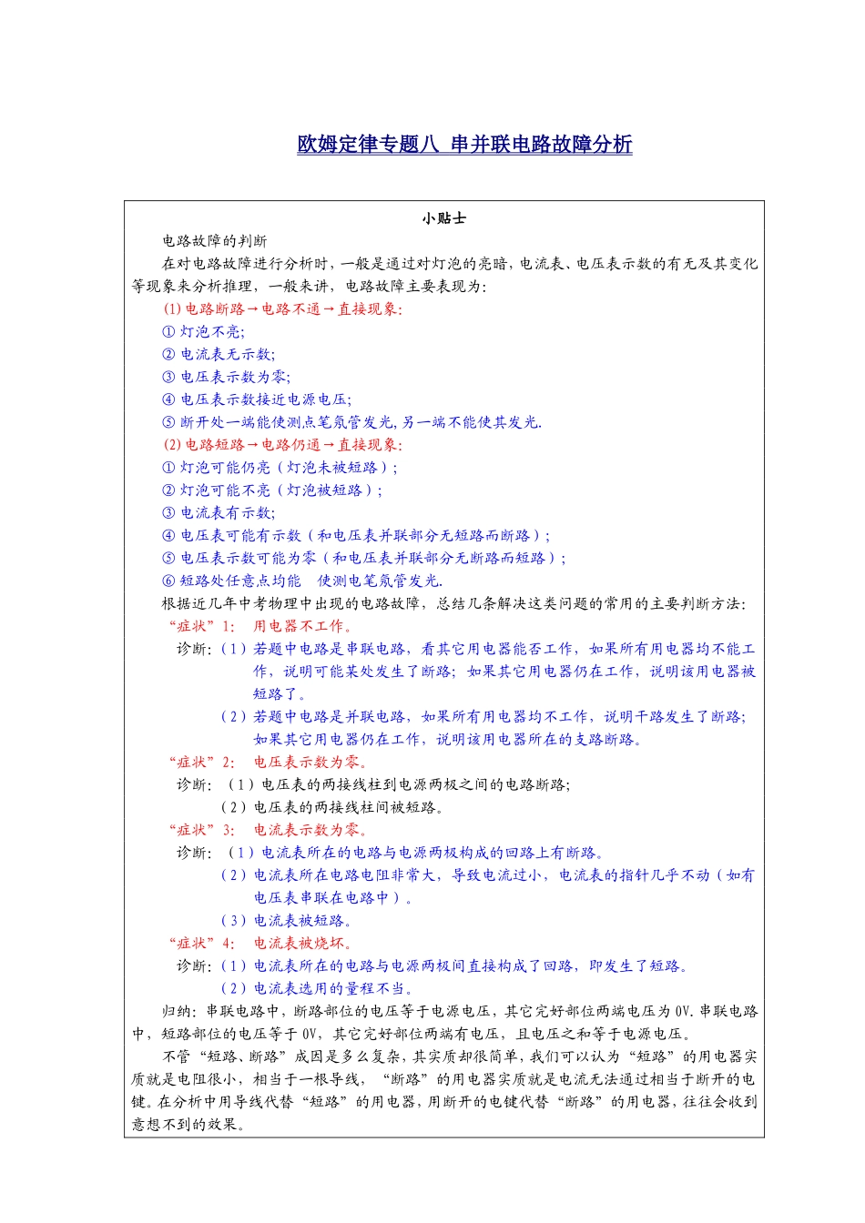 欧姆定律专题八流程图法判断串联电路故障_第1页