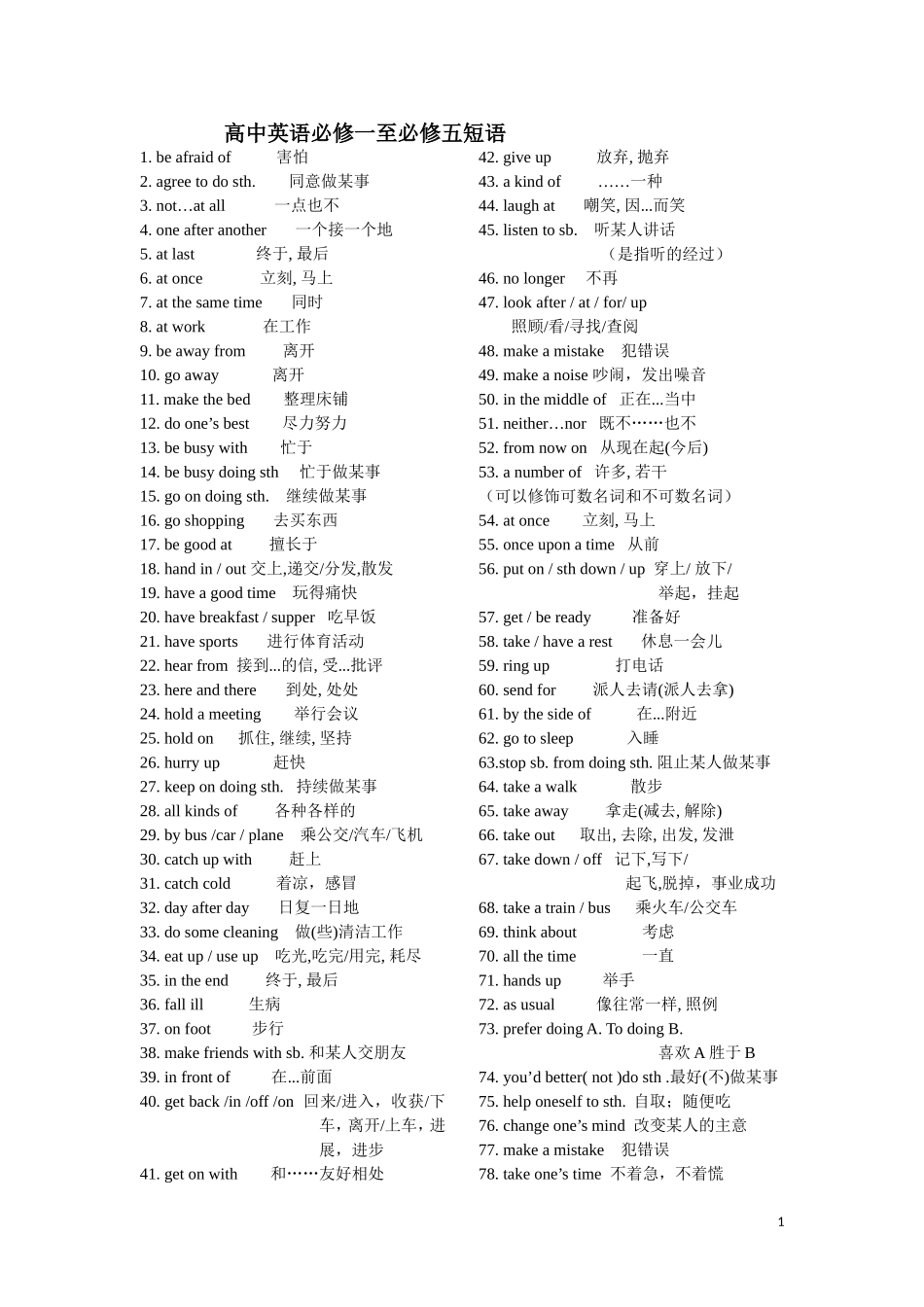 高中英语必修一至必修五短语大全_第1页
