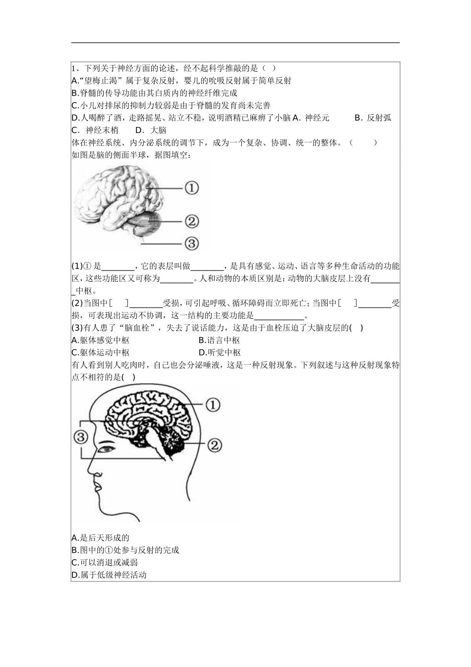 神经系统与神经调节练习_第1页