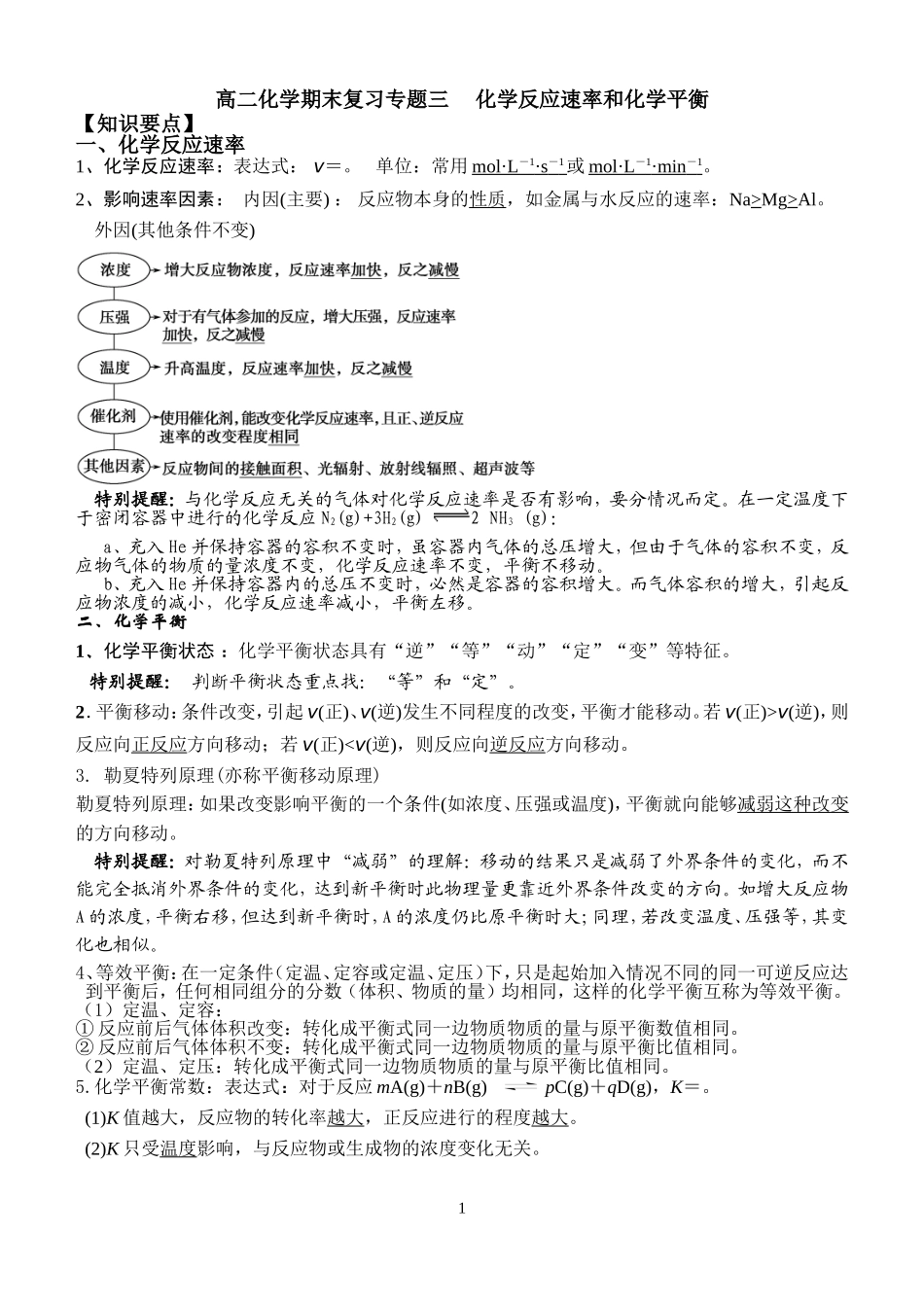 高二化学期末复习专题三化学反应速率和化学平衡_第1页