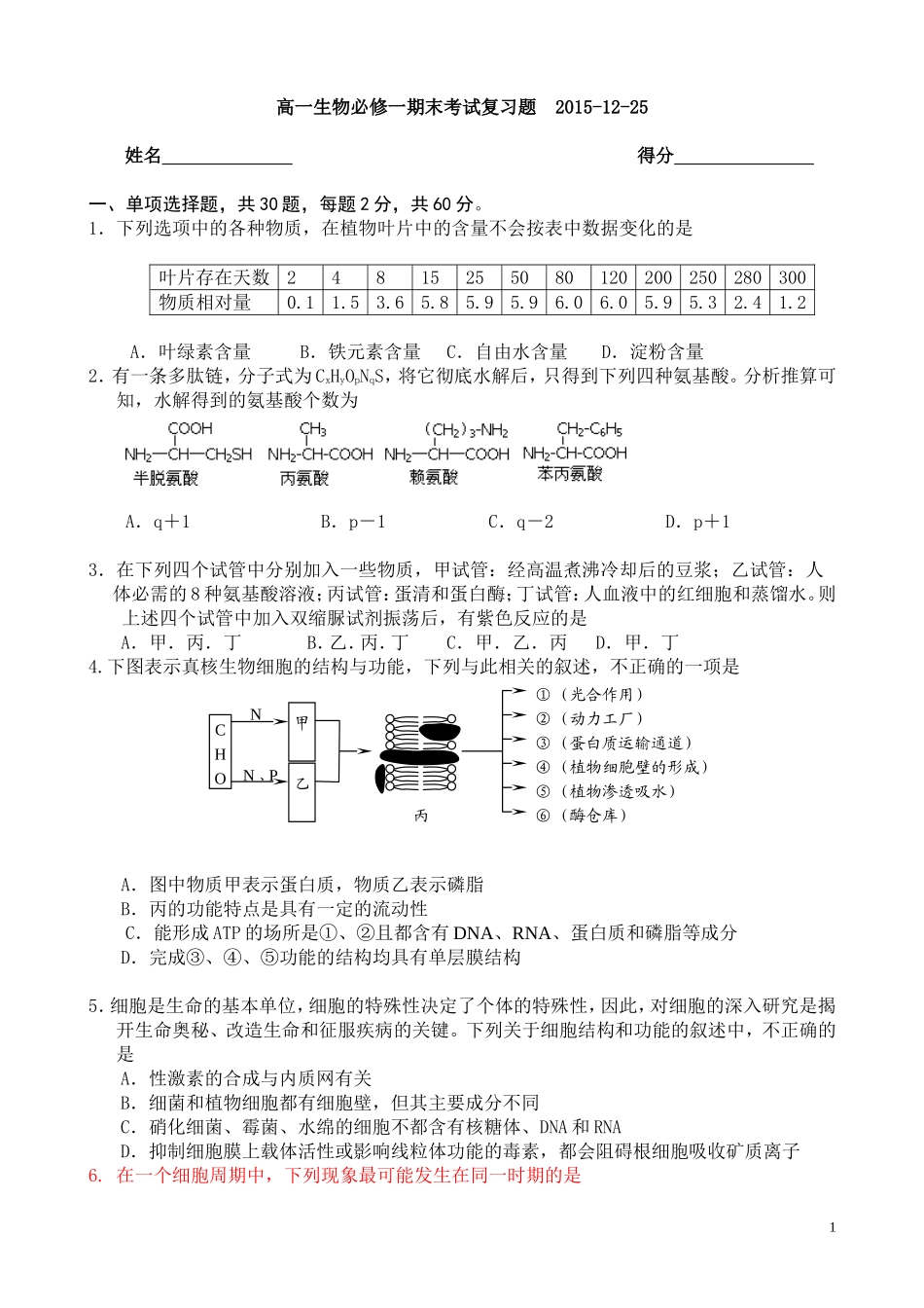 高一生物必修一期末考试题配答案（选用）_第1页