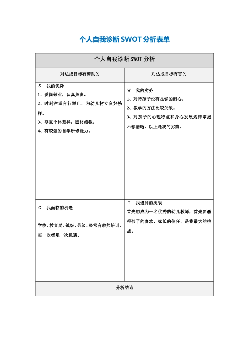 个人自我分析表（刘雅丽）_第1页