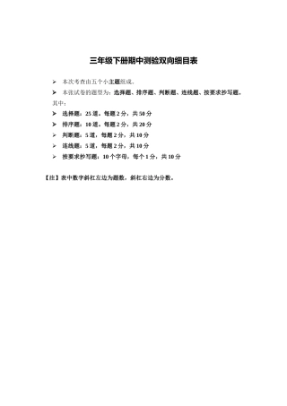 三年级下册期中测验双向细目表