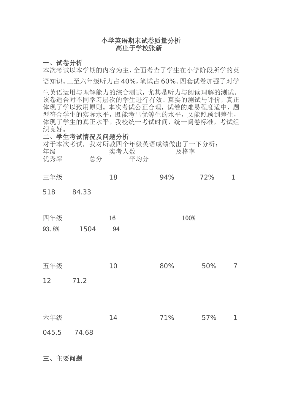 小学英语期末试卷质量分析_第1页