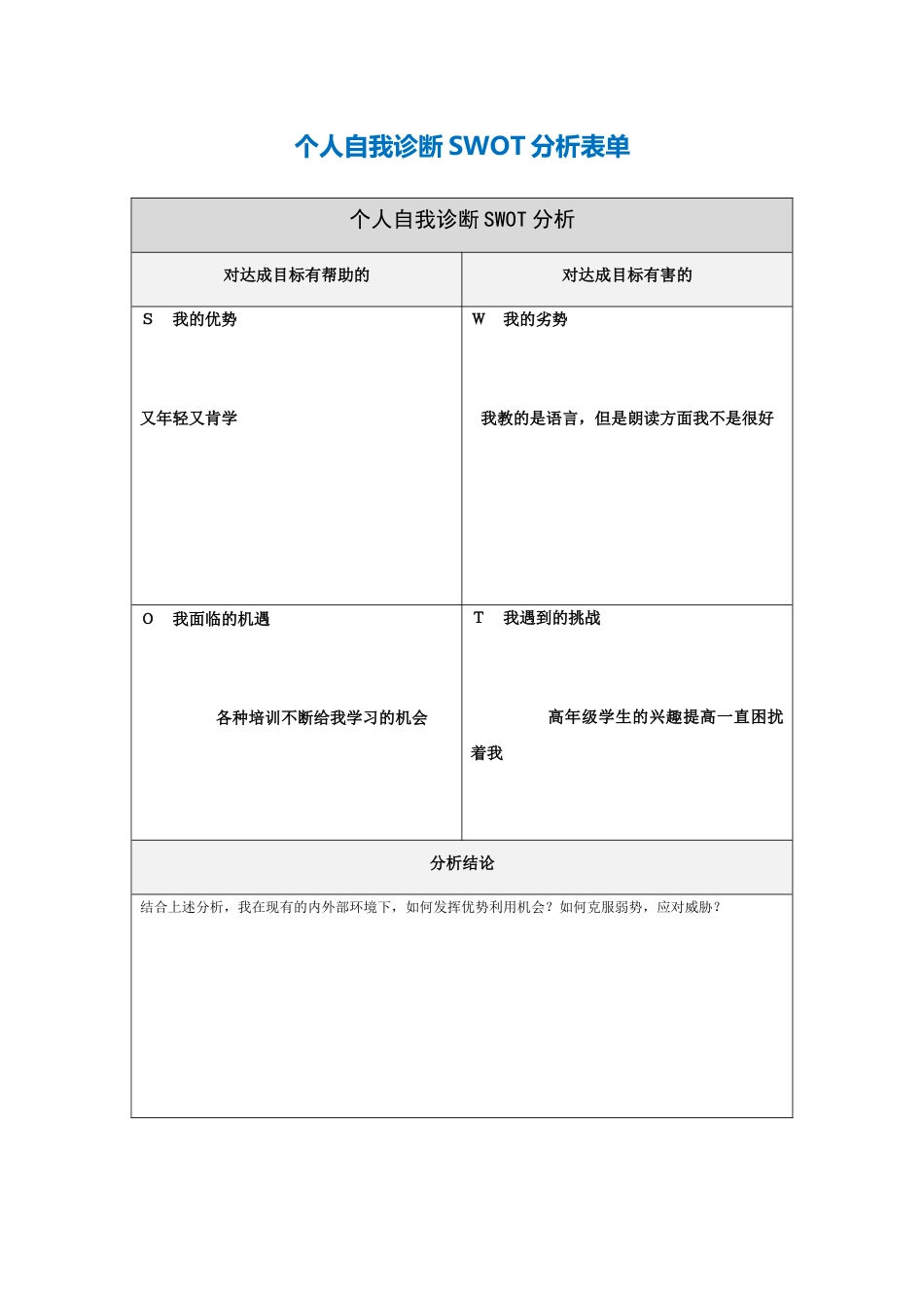 韦秋丽个人自我分析SWOT表_第1页