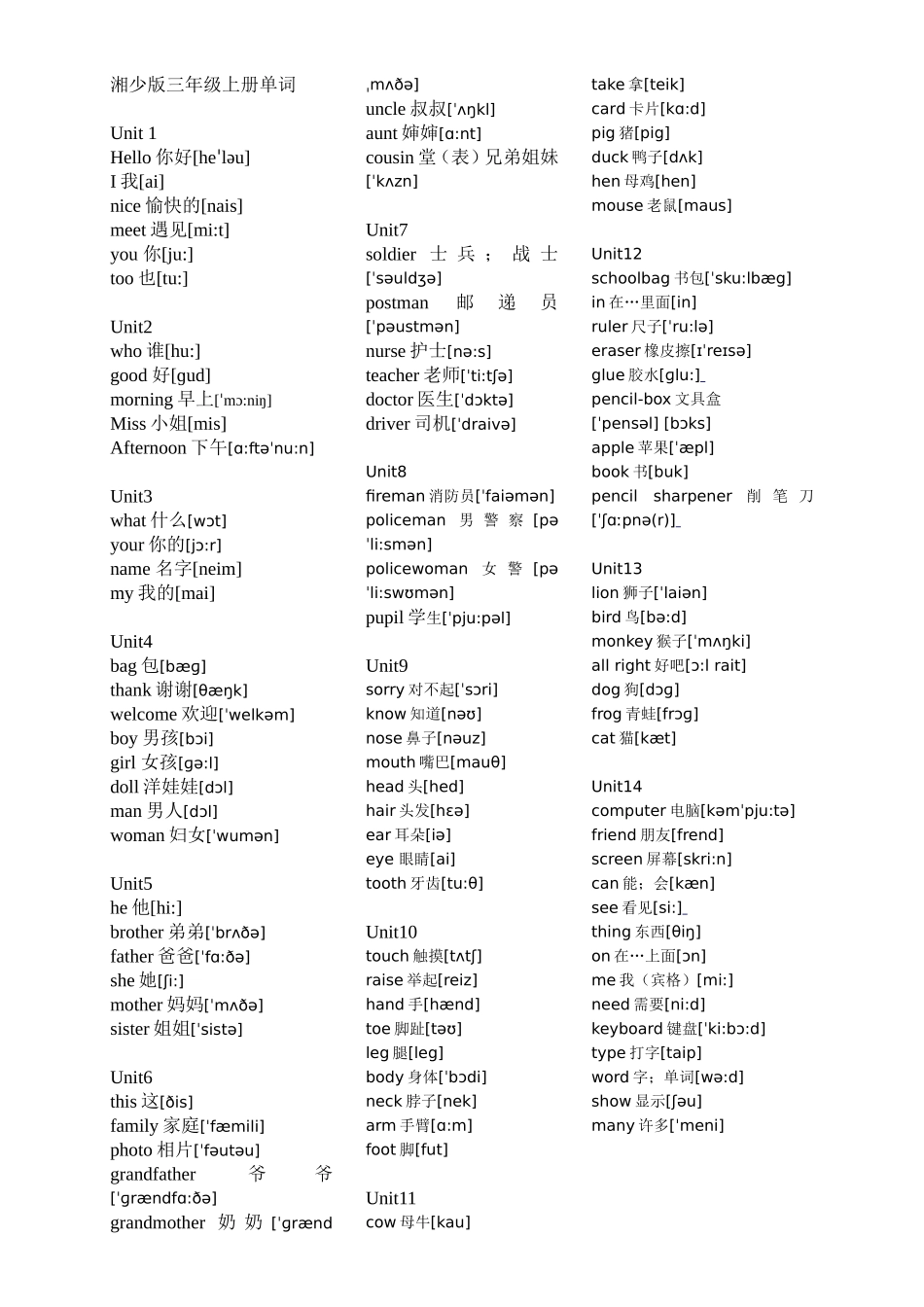 湘少版三年级上册单词带音标_第1页