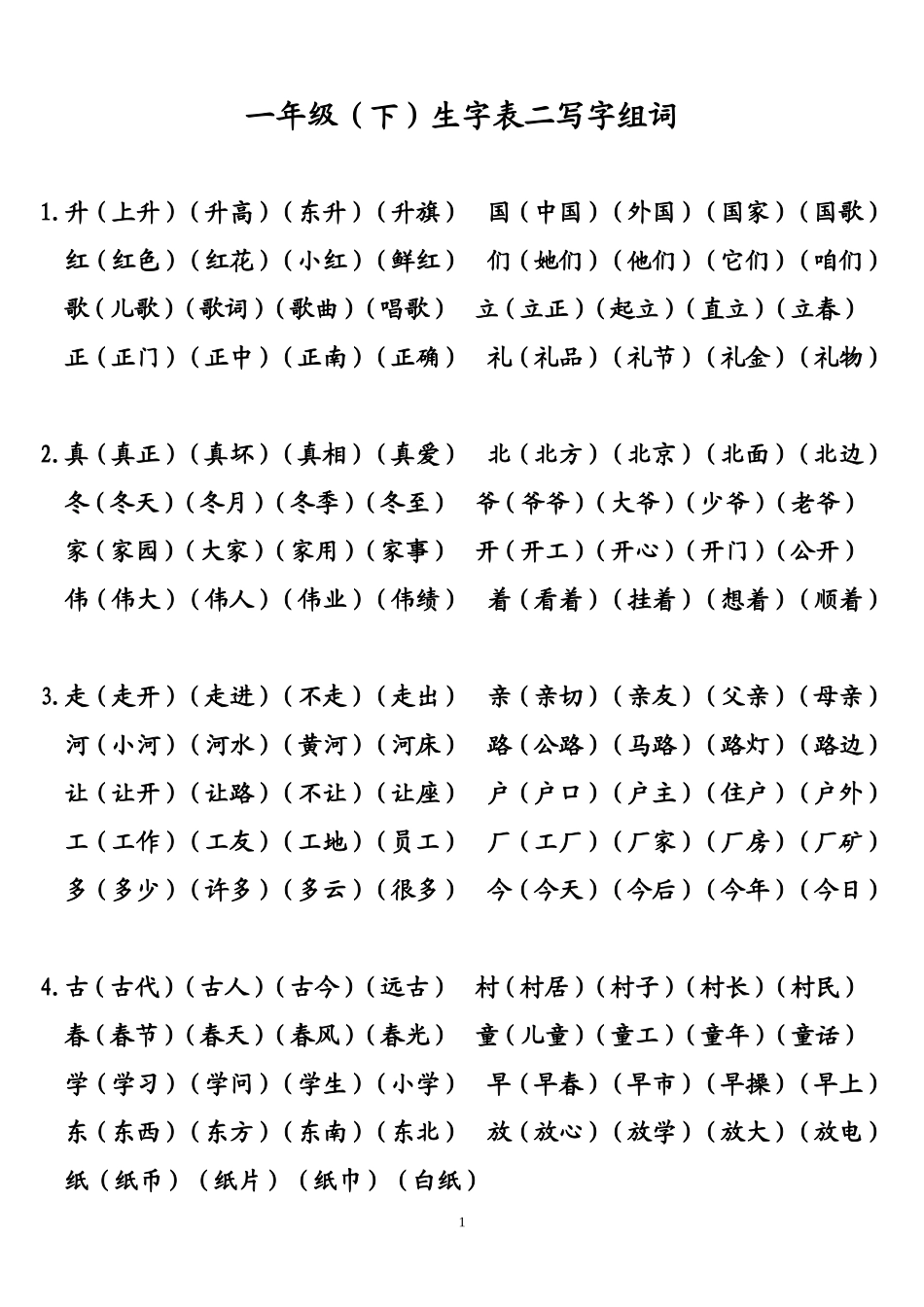 教科版一年级下生字表二写字组词_第1页