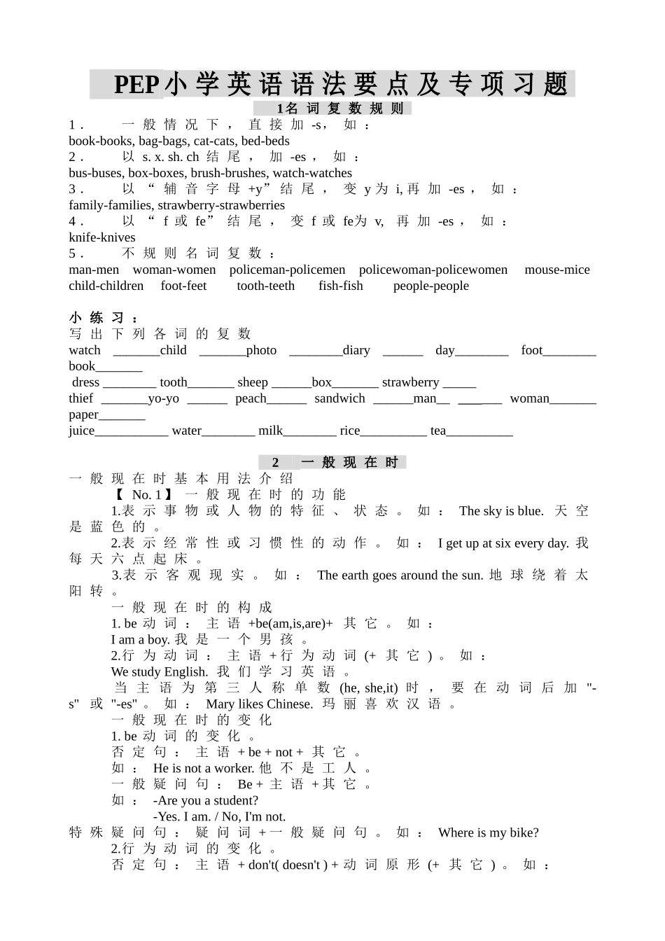 PEP小学英语语法要点及专项精选习题_第1页